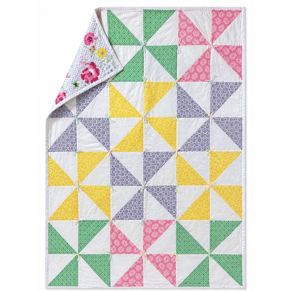Vintage Pinwheel Quilt 30x40 Pastel Patchwork‎ Floral Back Cottage